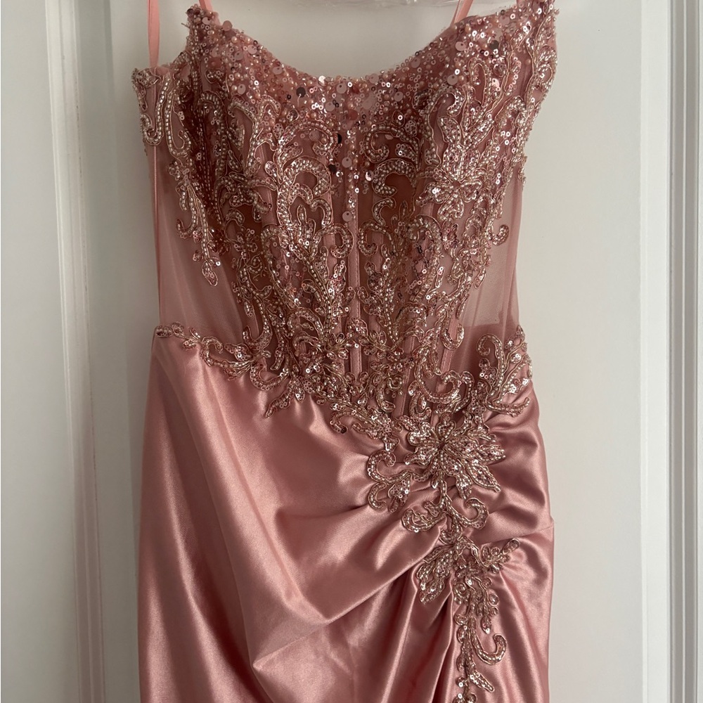Embellished Dusty Rose Prom Dress with Satin Skirt